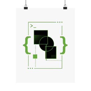 May include: A minimalist art print featuring geometric shapes in black and green on a white background. The design includes squares, circles, and brackets, with dotted lines connecting the elements. The print is held by two black binder clips.