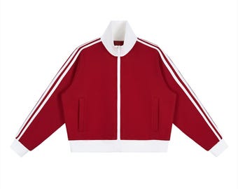 Contrast Side Stripe Fleece Cropped Track Jacket