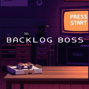 May include: A digital illustration of a retro gaming setup. The image features a vintage television with "PRESS START" on the screen, a controller, and the text "BACKLOG BOSS". The scene is set in a dimly lit room with a plant and a cabinet.