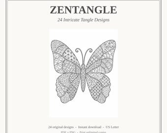 Zentangle Malbuch, 24 aufwendige Tangle Designs, sofortiger Download druckbare PDF-Datei