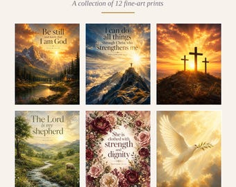 Juego de 12 láminas decorativas con motivos religiosos / Versículos bíblicos / Decoración cristiana para pared / Color, blanco y negro y sepia / Descarga instantánea imprimible