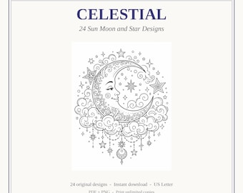 Celestial Malbuch, 24 Sonne Mond und Sterne Designs, sofortiger Download druckbare PDF-Datei