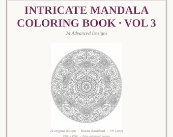 Filigranes Mandala Malbuch Vol 3, 24 Seiten für Fortgeschrittene, Instant PDF + PNG