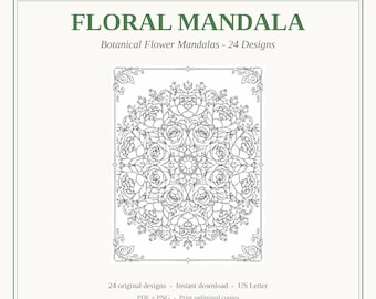 Florales Mandala Malbuch, 24 verschlungene Seiten, botanische Blumendesigns, druckbare Färbung für Erwachsene, Sofort-Download PDF + PNG