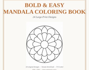 Einfaches Mandala Malbuch, 24 große Druckseiten, Instant PDF + PNG