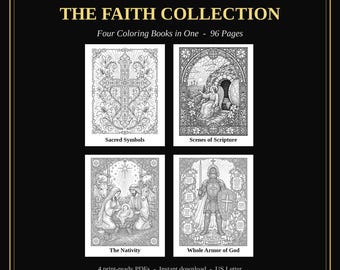 Faith Collection Malbuch-Bundle, 96 druckbare christliche Malseiten für Erwachsene, 4 Bücher PDF, Bibel-Krippen-Rüstung, sofortiger Download
