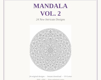 Mandala Malbuch Vol 2, 24 verschlungenen Seiten, Sofort Download PDF + PNG