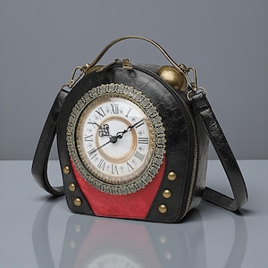 May include: Black and red handbag with a clock face design. The bag features a round clock face with Roman numerals, a gold-colored handle, and a detachable shoulder strap. The bag has a zipper closure and gold-colored studs.