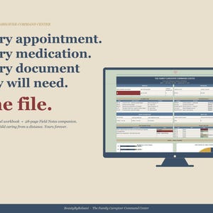 Puede incluir: Un monitor de computadora muestra una hoja de c&aacute;lculo detallada con un esquema de color azul y blanco. El texto en la pantalla incluye "THE FAMILY CAREGIVER COMMAND CENTER". La imagen tambi&eacute;n presenta texto: "Every appointment. Every medication. Every document they will need. One file."