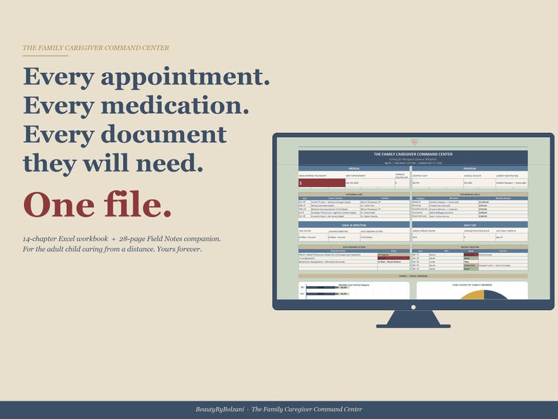 Puede incluir: Un monitor de computadora muestra una hoja de c&aacute;lculo detallada con un esquema de color azul y blanco. El texto en la pantalla incluye "THE FAMILY CAREGIVER COMMAND CENTER". La imagen tambi&eacute;n presenta texto: "Every appointment. Every medication. Every document they will need. One file."