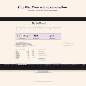 May include: A computer monitor displays a dashboard with financial data and project progress. The screen shows a budget of $131,235, 128 days until move-in, and 91% of the time spent. Text at the top reads, "One file. Your whole renovation."