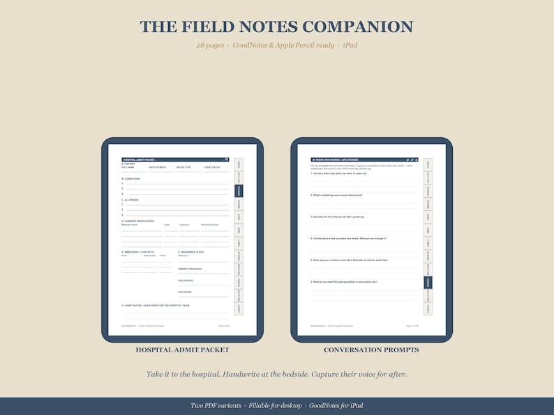 Puede incluir: Dos tabletas digitales que muestran el texto "THE FIELD NOTES COMPANION". Una tableta muestra un paquete de admisi&oacute;n hospitalaria, la otra indicaciones de conversaci&oacute;n. Tambi&eacute;n es visible el texto "Take it to the hospital. Handwrite at the bedside. Capture their voice for after."
