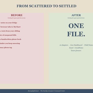 Puede incluir: Un gr&aacute;fico que compara escenarios "ANTES" y "DESPU&Eacute;S", titulado "FROM SCATTERED TO SETTLED". El lado izquierdo enumera elementos desorganizados, mientras que el lado derecho promueve "ONE FILE" con funciones como "Live Dashboard".