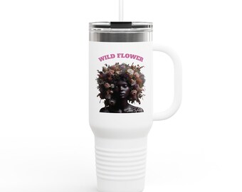 Wild Flower portrait Insulated Travel Mug, 40oz | Floral Afro Woman Design