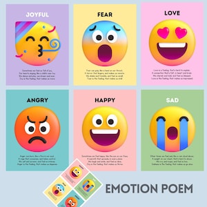 May include: A set of six educational posters featuring 3D emoji-style faces representing emotions: Joyful, Fear, Love, Angry, Happy, and Sad. Each poster includes a title, a colorful circular character, and a short poem describing the specific emotion.