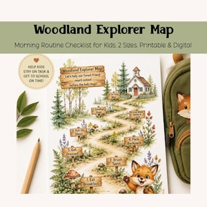 May include: A Woodland Explorer Map morning routine checklist for kids featuring a winding path through a forest with a schoolhouse, a fox character, and numbered wooden signs labeled 1 through 8 with tasks like Eat Breakfast and Pack Backpack.