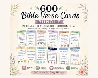 600 Bible Verse Cards Printable, Scripture Cards Digital Bundle, Christian Encouragement over 20 Categories
