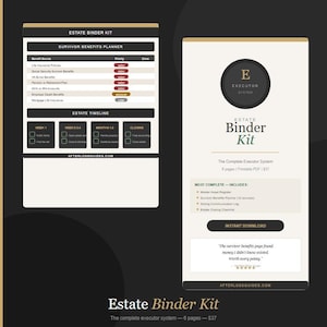 May include: Estate Binder Kit, a printable PDF with a survivor benefits planner, estate timeline, and closing checklist. The design is white and gold with the text "Instant Download" and "Afterlossguides.com".