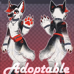 May include: Digital art of a furry character in a front and back view. The character has a black, white, and red color scheme, with a red fanny pack and paw prints. The word "Adoptable" is written in a cursive font.