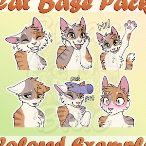 Puede incluir: Una impresión de arte digital titulada "Cat Base Pack" con seis ilustraciones de gatos de dibujos animados con varias expresiones. Los gatos son principalmente blancos, marrones y grises, con el texto "Colored Example".