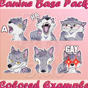 Peut inclure: Fond rose avec le texte "Canine Base Pack" et "Colored Example" en écriture cursive. L'image présente six illustrations de loups de dessins animés avec différentes expressions, dont "A", "HA" et "GAY".