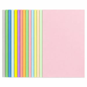May include: A collection of rectangular paper sheets arranged in a fan-like stack, displaying a spectrum of pastel and vibrant colours including pink, light green, yellow, light blue, orange, purple, and grey, with a smooth matte finish.