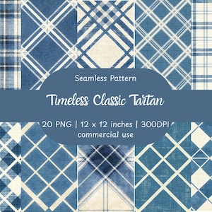 Blue Tartan Seamless Pattern Digital Paper Pack, Watercolor Plaid Background (300 DPI)