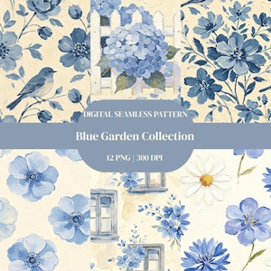 Blue Cottage Garden Digital Paper | Blue Floral Seamless Pattern Bundle | Vintage Botanical Background | Commercial Use | 12 PNG