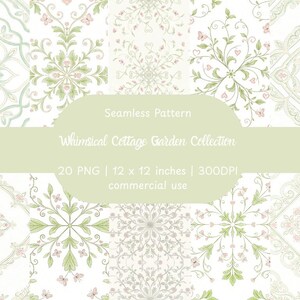 May include: A collection of seamless patterns with floral and botanical designs in soft pastel colors. The patterns feature flowers, leaves, and butterflies, with the text "Whimsical Cottage Garden Collection". Each pattern is 12 x 12 inches.