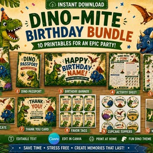May include: A digital bundle of ten printable dinosaur-themed birthday party supplies including an invitation, passport, banner, activity sheet, bingo game, adoption certificate, thank you card, favor tags, cupcake toppers, and water bottle labels.