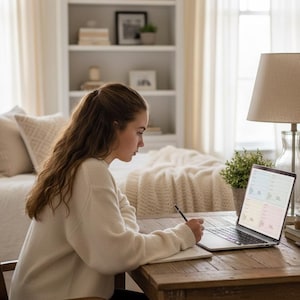 May include: A person wearing a cream-colored sweater sits at a wooden desk, working on a laptop and writing in a notebook. The laptop screen displays a colorful spreadsheet. A lamp and a small plant are on the desk.