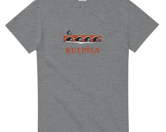 Kuldiga Latvia T-Shirt with Hedgehog on Bicycle, Whimsical Baltic Art Tee