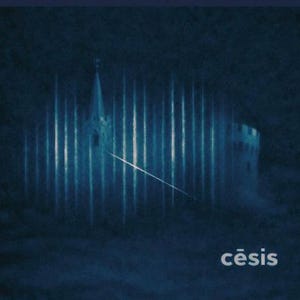 May include: A dark blue graphic print featuring a stylized silhouette of a church with a tall steeple, partially obscured by vertical light streaks and a diagonal beam of light. The word cēsis is printed in white in the bottom right corner.