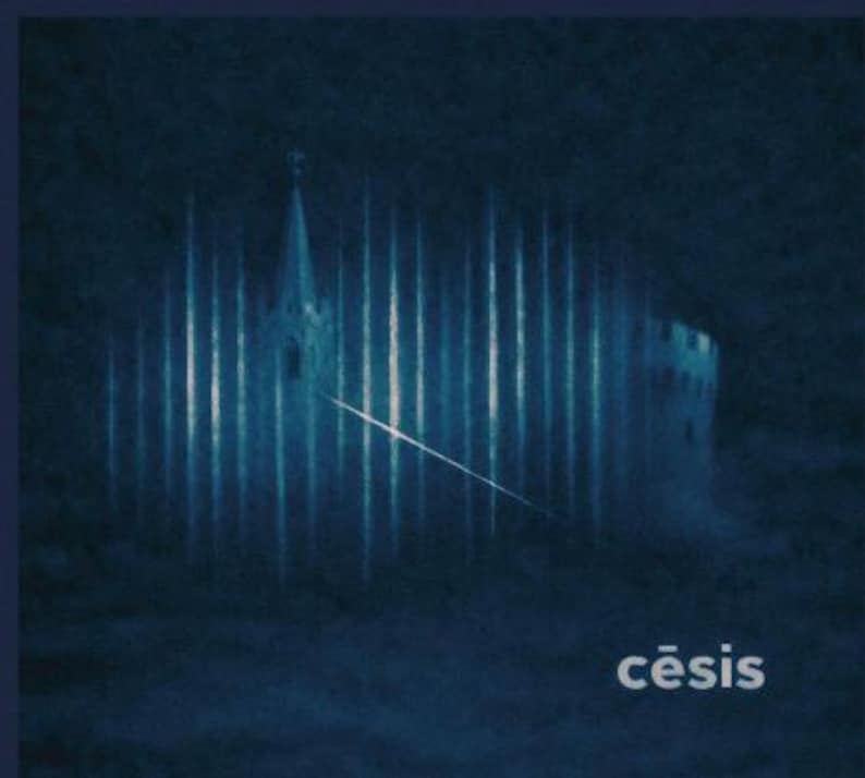 May include: A dark blue graphic print featuring a stylized silhouette of a church with a tall steeple, partially obscured by vertical light streaks and a diagonal beam of light. The word cēsis is printed in white in the bottom right corner.