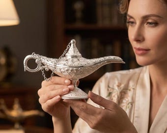 Quemador de incienso con forma de lámpara de genio de Aladino, lámpara de aceite hueca vintage decorativa, detalle de metal antiguo