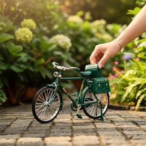 May include: A miniature green bicycle with silver detailing and matching saddlebags. The bicycle features a classic design with detailed spokes and a small headlight. The bicycle is set against a blurred background of greenery.