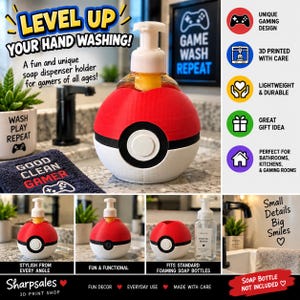 May include: A spherical soap dispenser holder designed like a red, white, and black ball with a central circular button. The holder features a top opening to accommodate a standard foaming soap bottle, with a smooth, matte, 3D-printed finish.