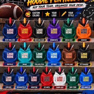 May include: A collection of miniature hoodie-shaped pen holders in various colors, each featuring the text 'LOGO HERE' and a team name. The display includes a football helmet, a football, and icons for custom colors, logos, and styles.