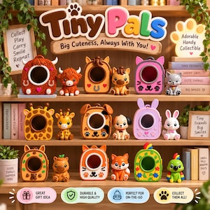 May include: A collection of Tiny Pals animal-themed carrying cases and matching miniature figurines displayed on wooden shelves. The set includes various creatures like a highland cow, giraffe, dog, rabbit, fox, and parrot, each with a unique design.