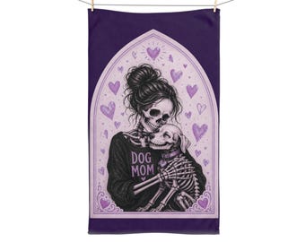 Toalla de mano con ilustración de mamá perra esqueleto / mamá mascota corazón morado