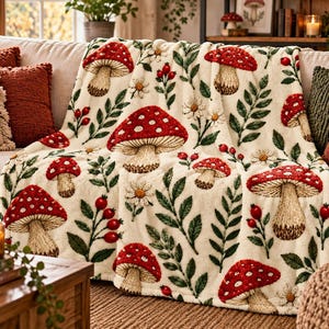 Whimsical Mushroom Blanket Cottagecore Bedroom Woodland Fungi Throw Blanket Red Toadstool Botanical Fleece Cozy Gift Forestcore Aesthetic