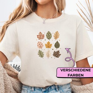 Patchwork autumn leaves shirt, floral autumn t-shirt, leaves and check pattern, cozy autumn outfit, gift for nature lovers