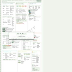 May include: A printable medical cheat sheet with the "Family Medicine Clinical Quick Reference" logo. The document contains medical information, charts, and tables. The document is in a vertical orientation and has a white background.