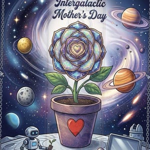 May include: An illustrated card for Intergalactic Mother's Day. A large, gem-like rose with a heart center grows from a pot with a heart. The background features planets, stars, and the text "Happy Intergalactic Mother's Day."