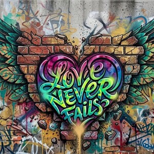 May include: A vibrant graffiti mural featuring a heart-shaped design with the words "Love Never Fails" in colorful lettering. The heart is flanked by green wings, set against a brick wall background with additional graffiti art.