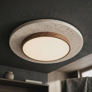 Wabi Sabi-plafondlamp hout en steen, Japandi verzonken led-slaapkamerlamp