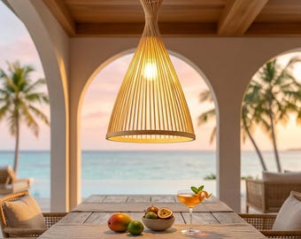 Bamboo Pendant Light, Woven Hanging Lamp, Wood Ceiling Fixture, Japandi Decor, Boho Kitchen Chandelier