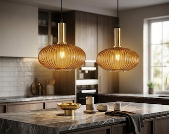 Lámpara colgante de cristal acanalado - Lámpara colgante minimalista moderna - Elegante decoración de estilo de mediados de siglo