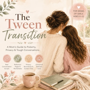 May include: A book cover titled "The Tween Transition" with the subtitle "A Mom's Guide to Puberty, Privacy & Tough Conversations." The cover features a mother and daughter embracing. A mug and books are on a wooden surface.