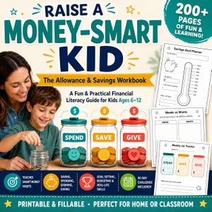 May include: A financial literacy workbook titled Raise a Money-Smart Kid featuring three glass jars labelled Spend, Save, and Give filled with coloured tokens. The cover displays worksheets for savings goals, needs versus wants, and a weekly jar tracker.